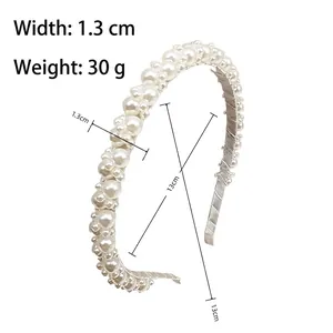 Luxury pearl headband with white beads and anti-slip base for women, 1.3cm width