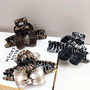 French Sweet Plaid Bow Hair Claw Clip For Women Vintage British Style Checkered Hair Clip With Rhinestone Elegant Accessory