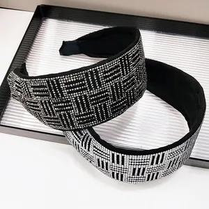 Chic black and white wide headbands with geometric rhinestones in a modern style