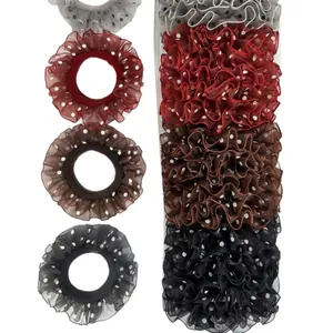 Pack de 4 coleteros de encaje de lunares en colores burdeos, café, negro y blanco roto