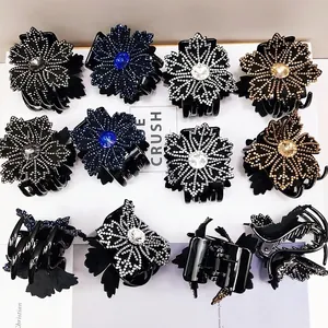 Vintage Luxury Rhinestone Flower Hair Claw Clip For Women Elegant Crystal Camellia 3 Tooth Hairpin Headpiece Hair Accessories
