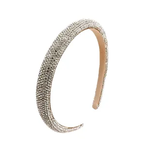 Sparkling silver rhinestone headband with anti-slip beige velvet lining for women