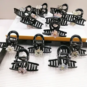 Women Elegant Hair Claw Clip With Crystal Flower Decor Korean Style Black Plastic Shark Clip For Daily Hair Styling Accessory