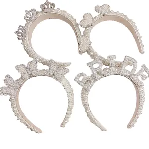 Detailed set of four bridal pearl headbands with BRIDE lettering for wedding parties