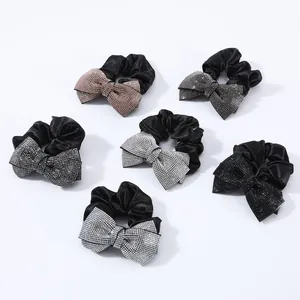 Rhinestone Bow Black Satin Scrunchie Sparkling Bowknot Elastic Hair Band Elegant Large Hair Tie For Women Girls Daily Party Accessories