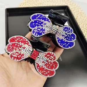 French style rhinestone bow hair claw clips for women with sparkling blue and red crystals