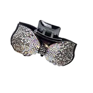 French vintage black bow hair claw clip with rhinestones and sparkling crystal finish