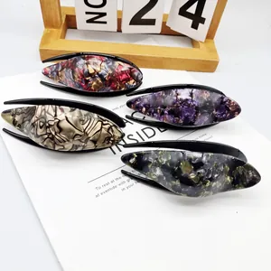 Vintage Large Marble Pattern Hair Clip For Women Luxury Rhinestone Inlaid Duckbill Clip Elegant Resin Hair Claw Accessories