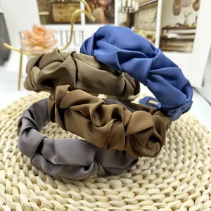 Three-piece set of satin pleated wide headbands in dark blue, brown, and grey colors