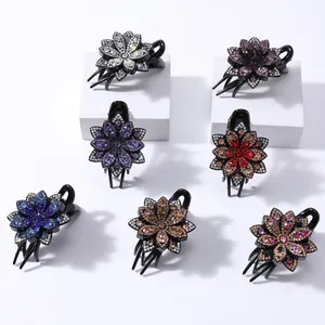 Elegant lotus flower hair claws with colorful rhinestones in multiple shades and glossy finish