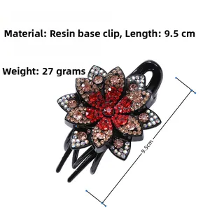 Detail view of flower hair claw with colorful rhinestones on 9.5cm resin clip