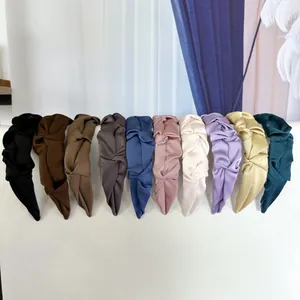 Women Pleated Satin Knotted Headband Wide Brim French Vintage Elegant Handmade Hair Band Solid Color Hair Accessories