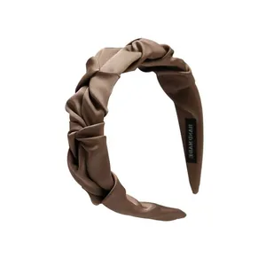 Elegant coffee brown satin pleated headband with handmade woven texture design