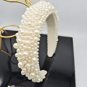 Baroque Padded Sponge Artificial Pearl Headband For Women Vintage High Top Faux Artificial Pearl Wide Hair Band Wedding Party Hair Accessories