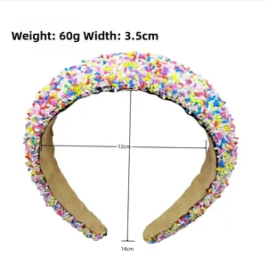 Detail of colorful sprinkle headband with dimensions 3.5cm width and 60g weight