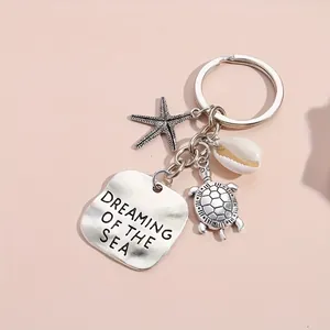 Ocean Theme Keychain Alloy Starfish Seahorse Shell Faux Artificial Pearl Charms Engraved Dreaming Of Sea Pendant Bag Hanging Ornament