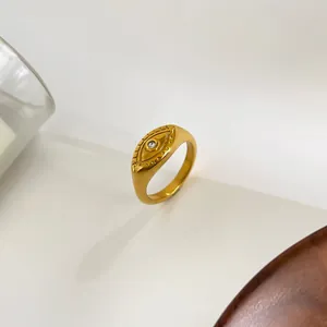 Golden stainless steel evil eye signet ring with zircon stone inlay for women