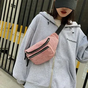 Pink corduroy crossbody fanny pack for women with dual zippers and adjustable strap