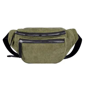 Olive green corduroy waist bag for women with double zipper and adjustable strap