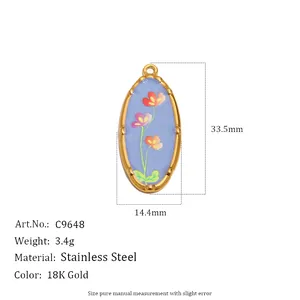 18K gold plated stainless steel oval flower pendant with UV printing floral design