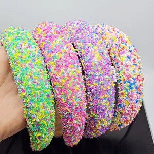 Thick sponge headband featuring colorful glitter candy beads and baroque style design