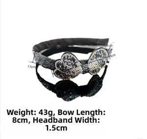 Detail of black rhinestone bow headband showing dimensions 8cm bow and 1.5cm band width