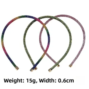Close-up of three thin rhinestone headbands in rainbow gradients with 0.6cm width