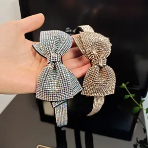 Sparkling rhinestone bow headbands in silver and gold colors for elegant banquet hair styling