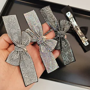 Vintage Rhinestone Bow Hair Clip Alloy Black Ribbon Inlaid Crystal Spring Clip Hair Accessories For Women Wedding Party