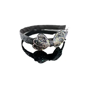 Elegant black fabric headband with heart-shaped bow and colorful AB rhinestones