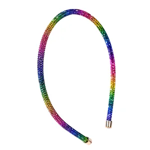 Elegant thin headband with sparkling rainbow rhinestones and gold metal tips
