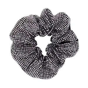 French style scrunchie with sparkling rhinestones and black elastic fabric for women