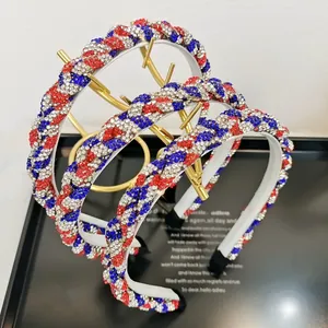 Three-piece US flag style braided headbands with red white and blue rhinestones