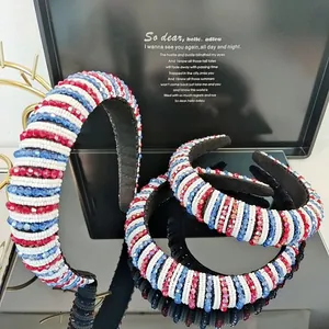 Close-up of patriotic red white and blue beaded headband with intricate crystal texture