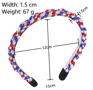 Detail of red white and blue rhinestone headband showing 1.5cm width and 67g weight specifications
