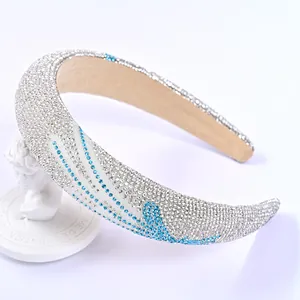 Diadema de lujo acolchada con cristales plateados y rayas azules para mujer