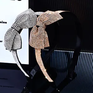 French vintage bow headband with shimmering rhinestones in silver and champagne gold tones