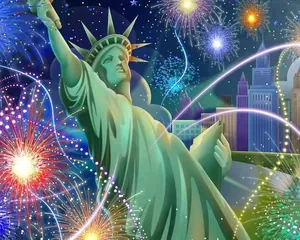 Detailed digital illustration of Statue of Liberty with festive fireworks and city skyline