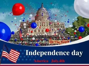 Independence Day backdrop with US flag, Capitol building and red white blue balloons