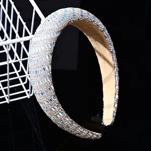 Macro view of crystal headband showing multi-color AB rhinestones and non-slip lining