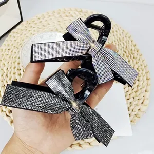 Women Large Rhinestone Bowknot Hair Claw Clip Sparkling Crystal Elegant Korean Style Shark Clip For Daily Party Accessory