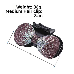 Detail view of 8cm rhinestone bow hair claw clip with 36g weight and purple crystals