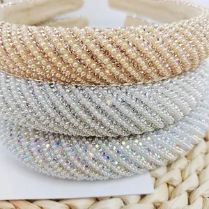 Macro detail of three-piece padded headband set with inlaid pearls and sparkling rhinestones