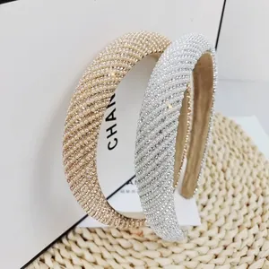 Luxury Rhinestone Faux Artificial Pearl Padded Headband For Women High Top Fashion Baroque Twill Hair Band Wedding Party Accessory