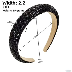 Detailed dimensions of wide black rhinestone headband with dimensions and weight specs