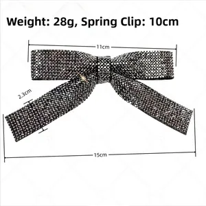 Detail of 15cm rhinestone bow hair clip showing 10cm spring clip and 28g weight