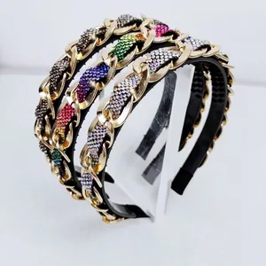 Luxury baroque rhinestone headbands with gold metal chains in three assorted colors