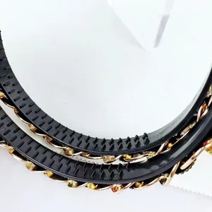 Detailed macro view of the non-slip inner teeth and gold metal chain on the headband