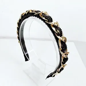 Detail of baroque headband with gold chain texture and black beaded woven surface