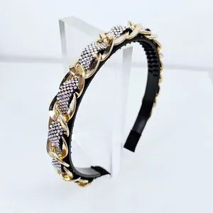 Detailed view of golden chain link headband with colorful AB rhinestones and inner comb